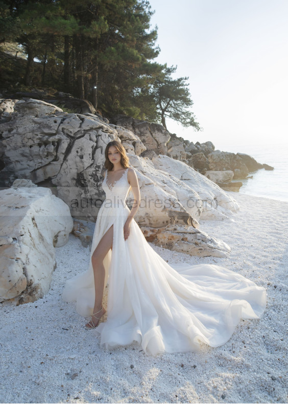 Beaded Ivory Lace Tulle V Back Slit Sexy Beach Wedding Dress Beaded Ivory Lace Tulle V Back Slit Sexy Beach Wedding Dress